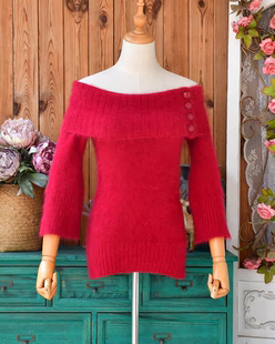 法式优雅露肩复古红一字肩安哥拉兔毛毛衣女 软糯亲肤针织上衣