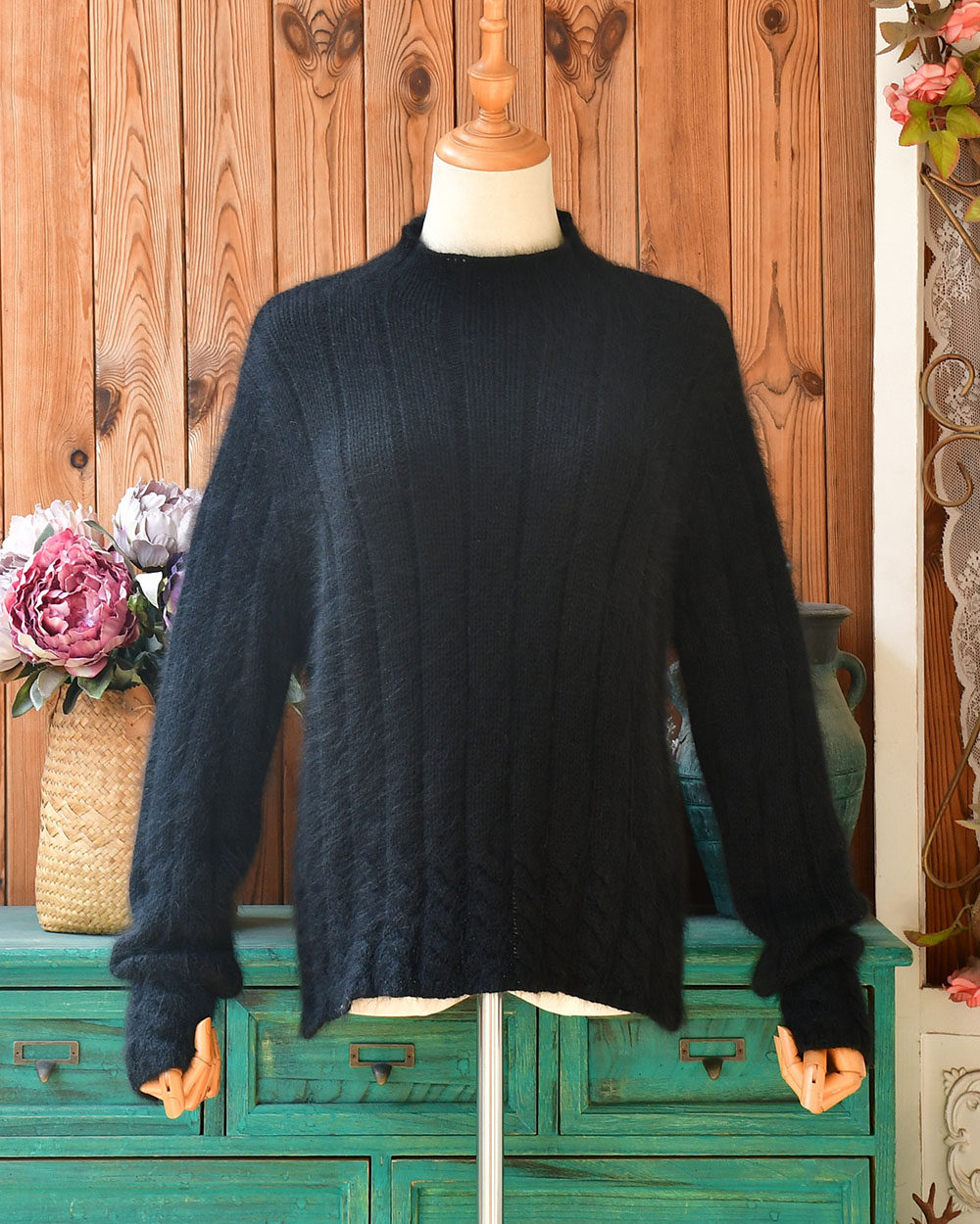 高品质粗纱软糯安哥拉长兔毛 半高领麻花黑色慵懒风秋冬保暖毛衣