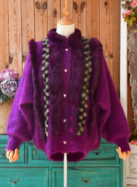 复古宫廷风安哥拉长兔毛毛衣 真皮草毛条紫色蝙蝠厚款宽松大外套
