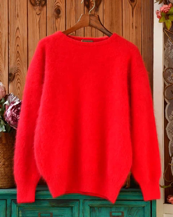 新年红软糯舒适安哥拉长兔毛毛衣女 百搭纯色圆领针织宽松套头衫