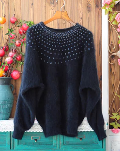 韩制名媛气质精美订珠软糯安哥拉长兔毛毛衣女 宽松蝙蝠针织套头