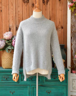 软糯安哥拉兔毛半高领开叉针织衫 灰色慵懒风秋冬保暖毛衣女打底