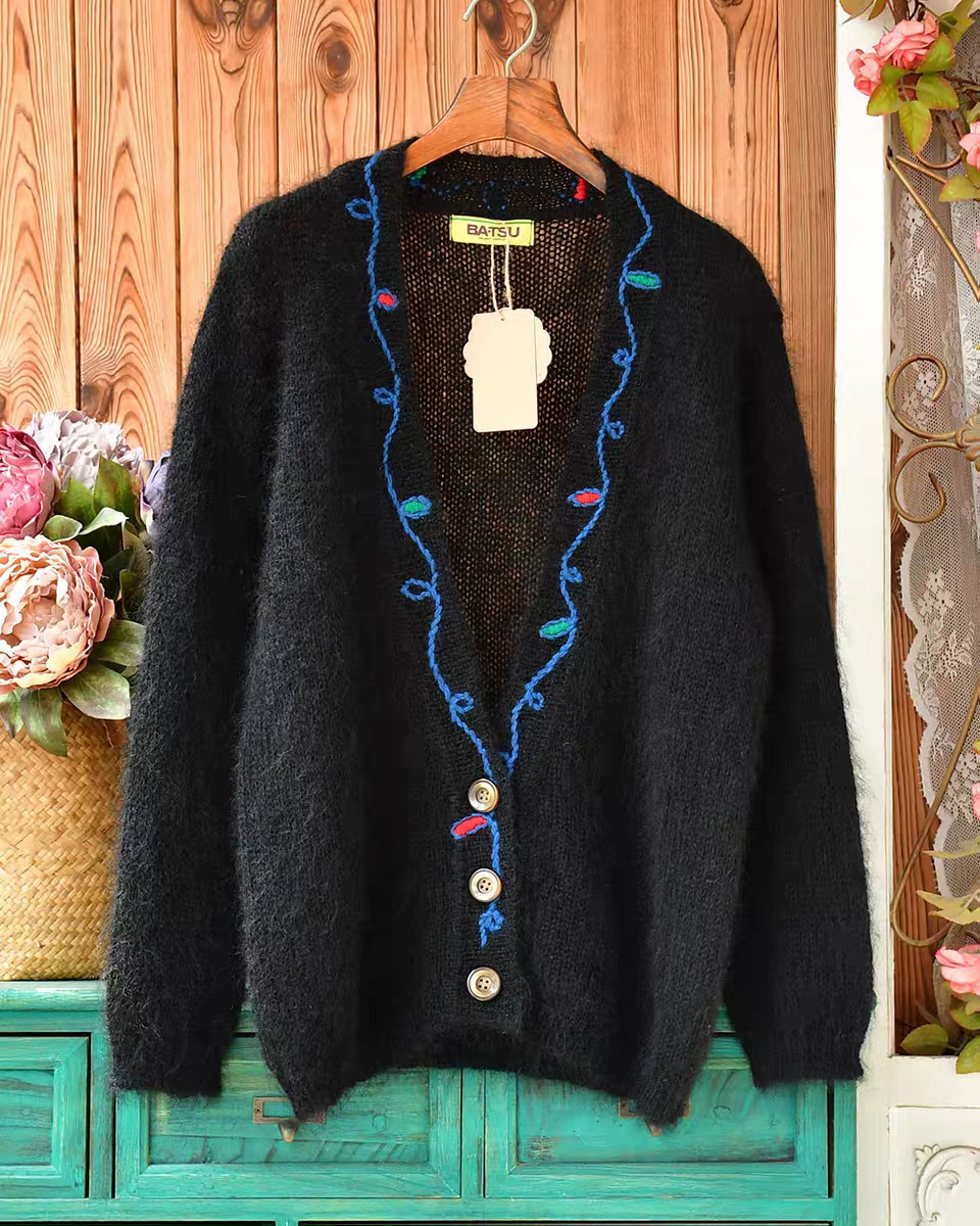 南非100%马海毛 森系复古民族风刺绣V领毛衣外套慵懒宽松针织开衫