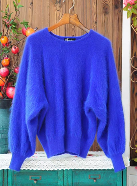 日系甜美气质宝蓝色宽松蝙蝠款安哥拉长兔毛兔绒针织毛衣套头女