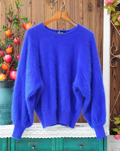 日系甜美气质宝蓝色宽松蝙蝠款安哥拉长兔毛兔绒针织毛衣套头女
