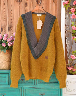 美式复古撞色慵懒学院风深V领马海毛安哥拉山羊毛宽松大毛衣套头