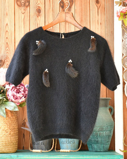 饰软糯亲肤小众设计感毛绒衫 安哥拉兔毛短袖 毛衣女貉子毛球珍珠装