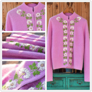 刺绣小雏菊日系安哥拉兔毛兔绒毛衣女优雅修身粉色开衫外套