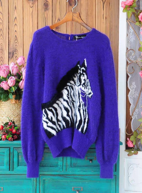 轻奢高品质马海毛斑马图案毛衣 紫色宽松钉珠针织女秋冬复古百搭