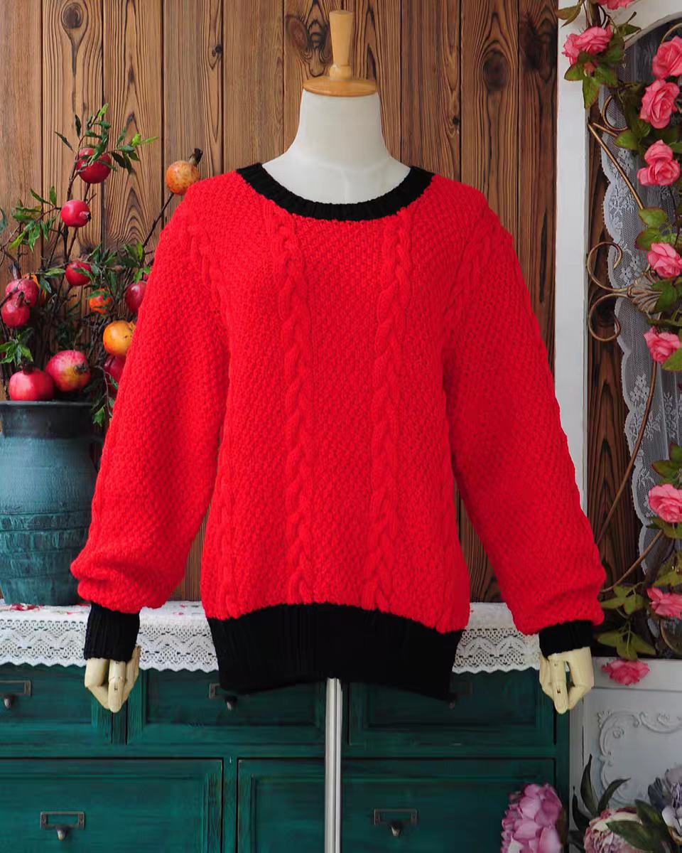 复古红黑撞色麻花纯羊毛毛衣 秋冬保暖厚手工编织宽松圆领套头衫