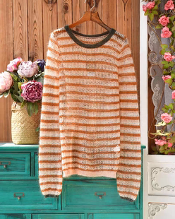 焦糖玛奇朵 暖棕条纹镂空安哥拉山羊毛毛衣朦胧套头圆领 初秋薄款