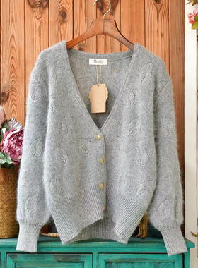 软糯舒适安哥拉长兔毛兔绒叶片V领气质灰色毛衣开衫外套圆领套头