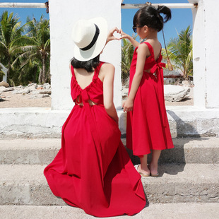 沙滩裙Y8女童酒红色波西米亚长裙百搭露背连衣裙亲子装 夏装 母女装
