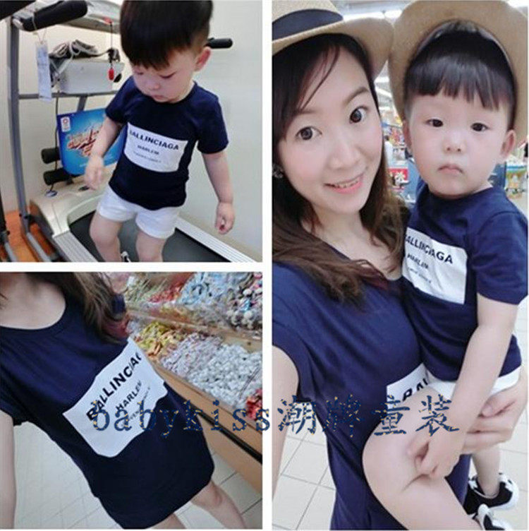 夏季宝宝短袖T恤亲子装Q7男上衣女童连衣裙妈妈中长款裙子母女装