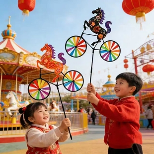 2026新年马年财神双层风车户外摆摊风车庙会摆摊过年装饰风车玩具