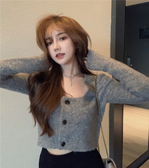 Real shot! Real price! French square neck elegant short slim knit cardigan