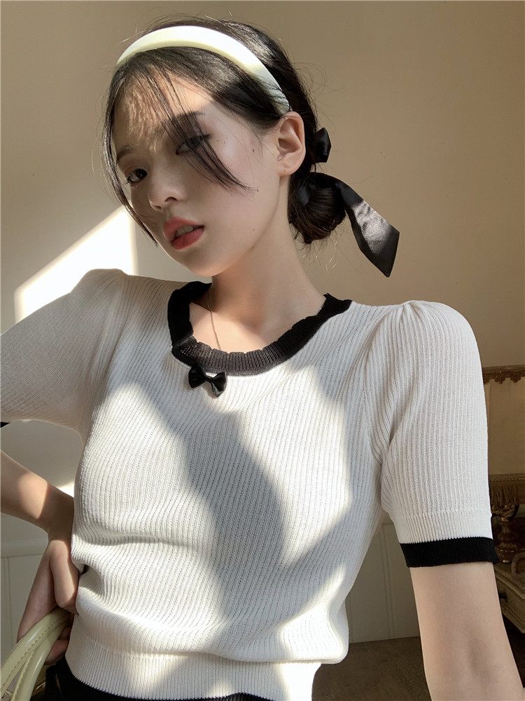Real shot! Real price! French girl cream blue flat small bow thin knitting short sleeve