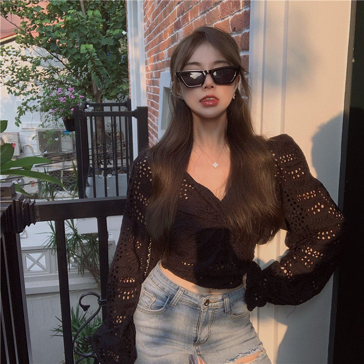 Real shot! Real price! Water soluble lace hollow out long sleeve shirt