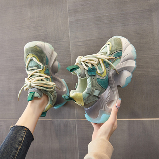 港风小个子增高休闲运动百搭潮 新款 真皮复古厚底老爹鞋 女2024秋季