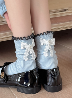 蓝色花边袜子女蕾丝蝴蝶结中筒袜春秋搭配小皮鞋女士长筒堆堆袜