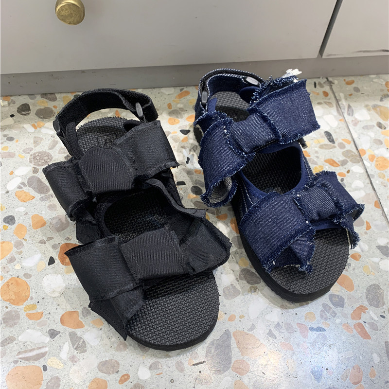 断码女鞋露趾流苏布面后绊带魔术贴厚底做旧毛边丑萌凉鞋子韩国