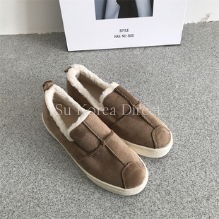37码韩国厚底加绒乐福鞋女小小苏绒面复古一脚蹬保暖百搭豆豆鞋