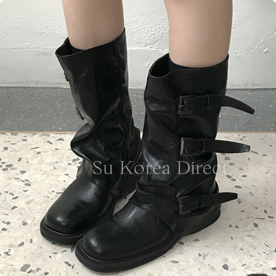 复古粗跟牛仔堆堆靴中高筒骑士靴