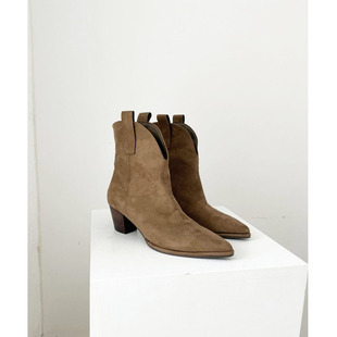 小小苏东大门韩国棕色绒面牛仔靴女西部靴尖头套筒粗跟马丁靴短靴