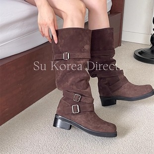 皮带扣粗跟绒面西部牛仔靴女小小苏秋季新款复古休闲百搭高筒靴