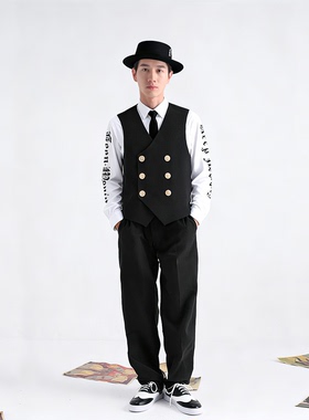 非零旦斯双排金扣马甲西裤街舞套装Popping机械舞Locking演出服