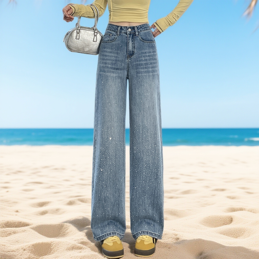 蓝色烫钻牛仔裤窄版高腰阔腿牛仔裤女宽松显瘦百搭垂感直筒长裤子