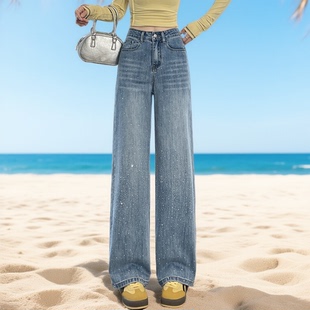 蓝色烫钻牛仔裤窄版高腰阔腿牛仔裤女宽松显瘦百搭垂感直筒长裤子