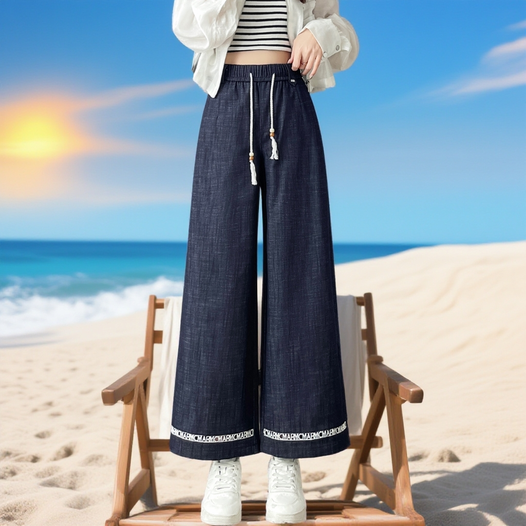 高腰系带阔腿牛仔裤女九分显瘦小个子宽松直筒裤垂感百搭藏肉裤子