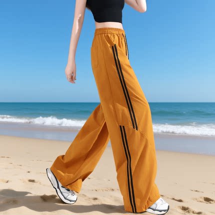 美式速干工装裤子高腰弯刀阔腿裤女夏薄款宽松黄色条纹运动休闲裤