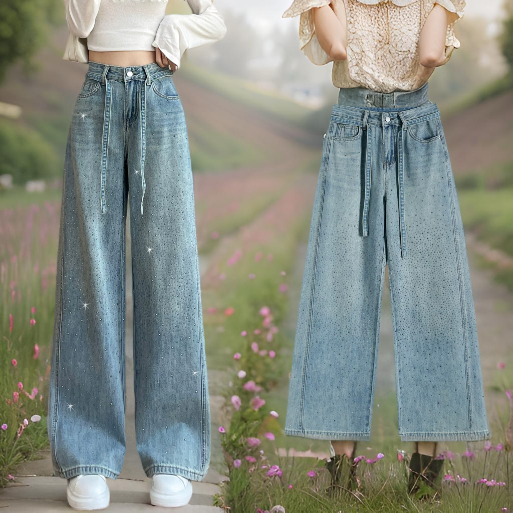 满天星烫钻牛仔阔腿裤女高腰宽松显瘦长裤牛仔风窄版直筒裤拖地裤