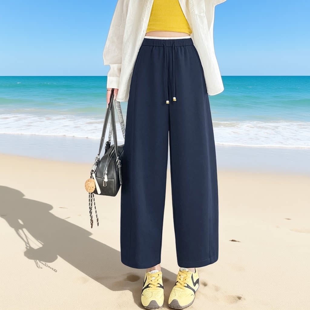慵懒风松紧腰九分阔腿裤女小个子弯刀裤藏蓝色休闲裤莫代尔气球裤