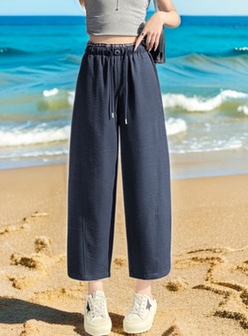 高腰宽松弯刀裤女抽绳九分裤藏蓝色显瘦休闲裤樱花格子拼接气球裤