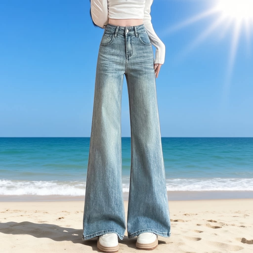 喇叭裤高腰阔腿牛仔裤女蓝色修身显瘦直筒长裤春秋季百搭微喇裤子