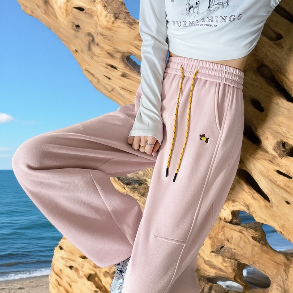 粉色弯刀阔腿裤女松紧腰抽绳宽松针织小狗刺绣运动香蕉裤春季新款,女装/女士精品,休闲裤,淘宝优惠券,粉丝福利购,淘宝优惠卷