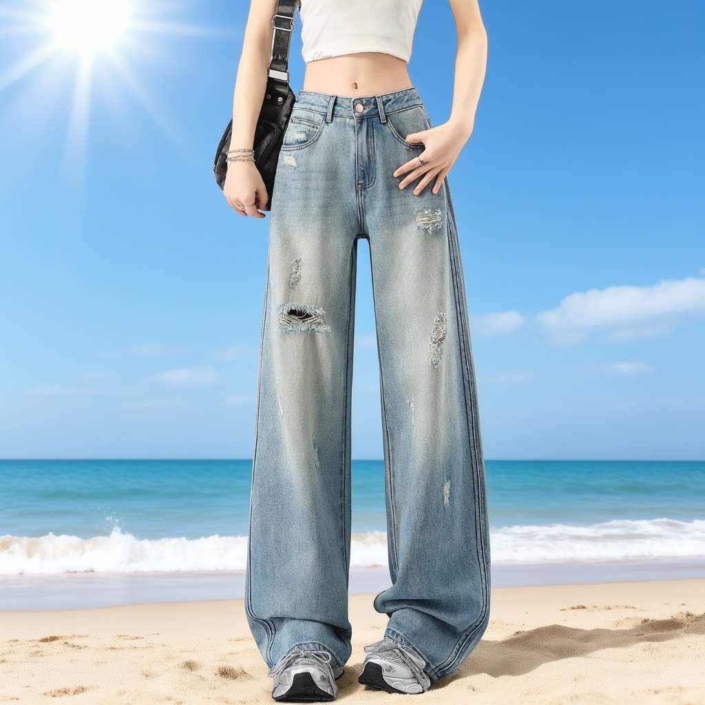 慵懒风破洞牛仔裤女浅色阔腿裤垂感直筒长裤夏季拉风空调牛仔裤子