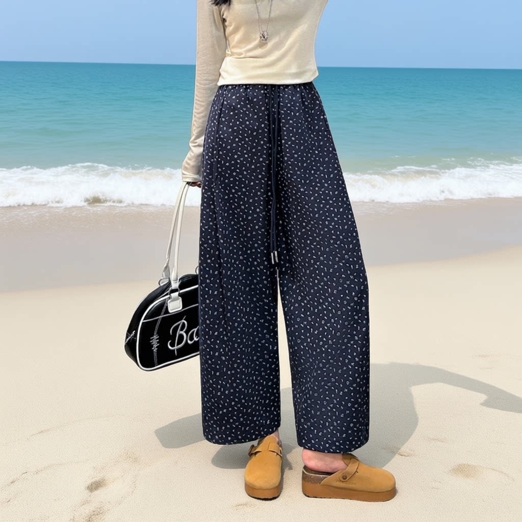蓝色碎花九分阔腿裤女高腰宽松显瘦百搭休闲裤慵懒弯刀裤子小个子