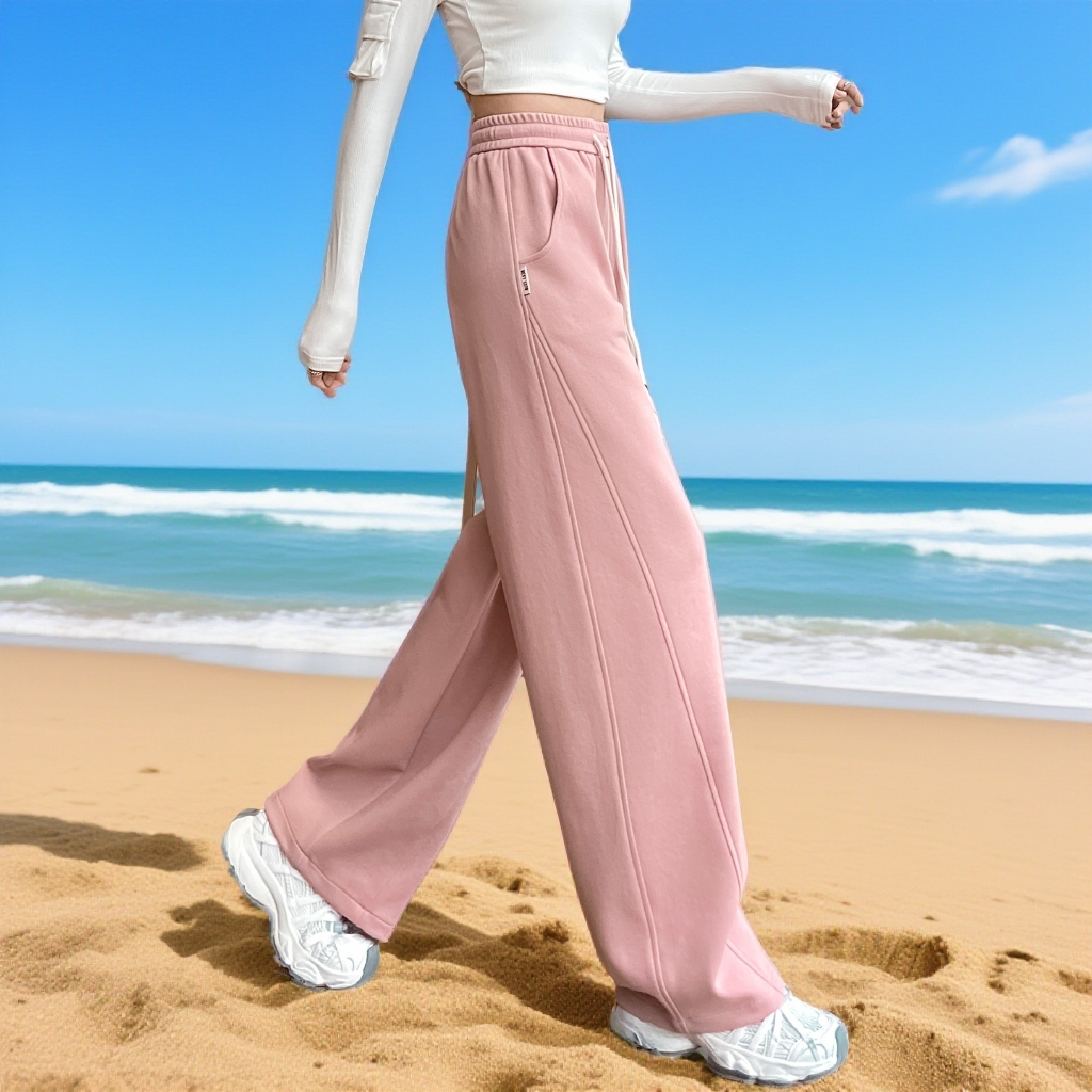 粉色高腰弯刀裤女宽松垂感抽绳阔腿裤小个子香蕉卫裤学院风运动裤,女装/女士精品,休闲裤,淘宝优惠券,粉丝福利购,淘宝优惠卷