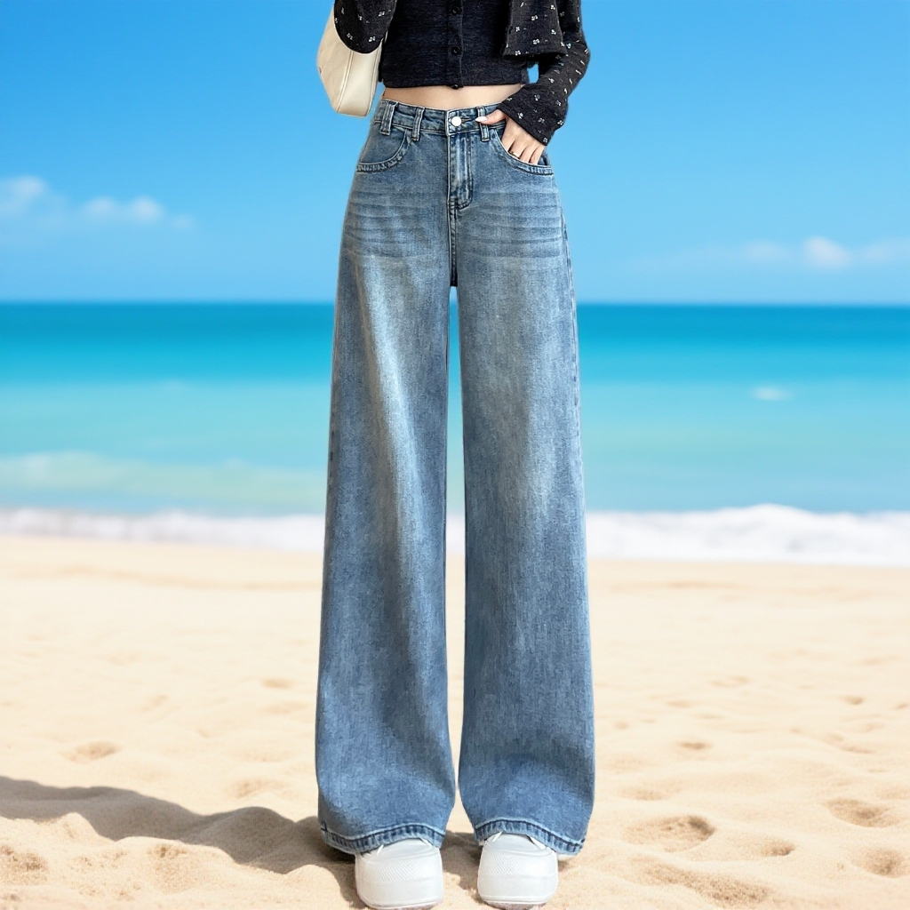 高腰阔腿牛仔裤女蓝色宽松显瘦直筒长裤春秋夏季女装窄版直筒裤子