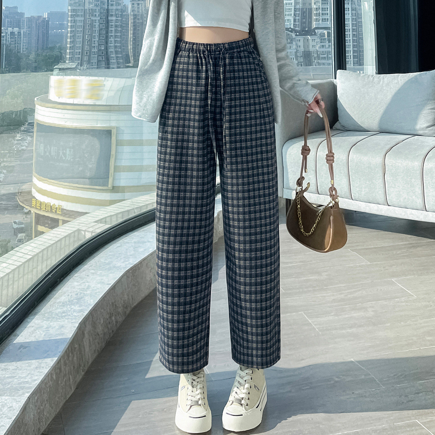 毛呢格子裤女秋冬2025新款休闲哈伦裤松紧高腰排扣宽松直筒烟管裤