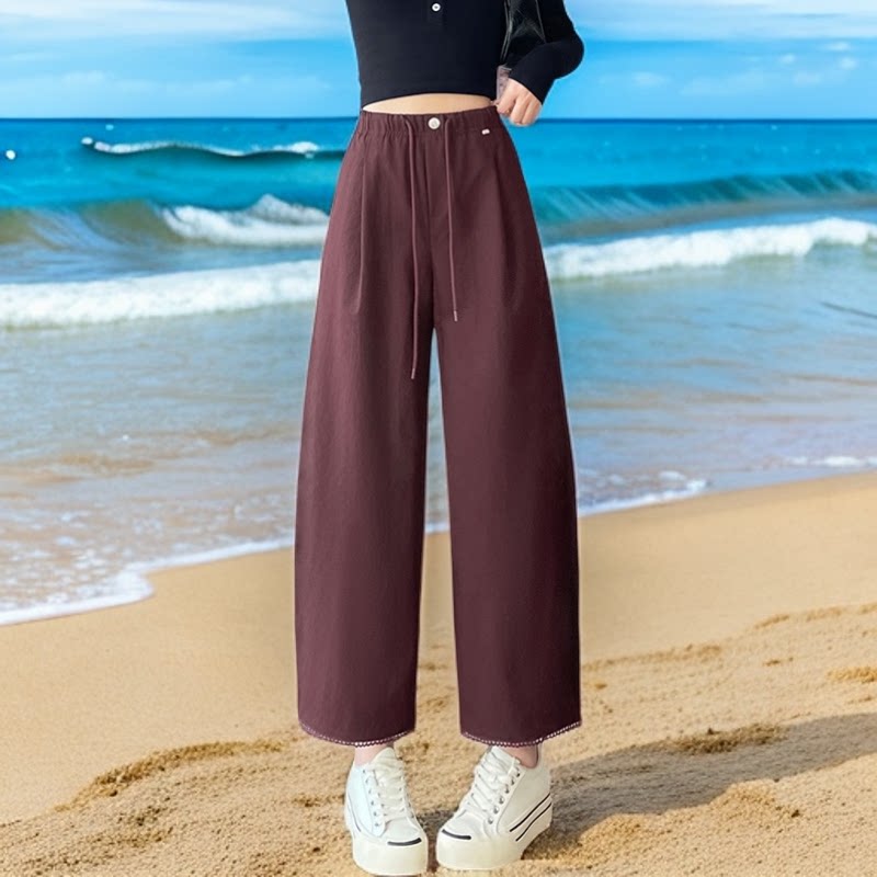 高腰宽松弯刀阔腿裤女抽绳九分裤显瘦慵懒风休闲裤夏季紫色气球裤