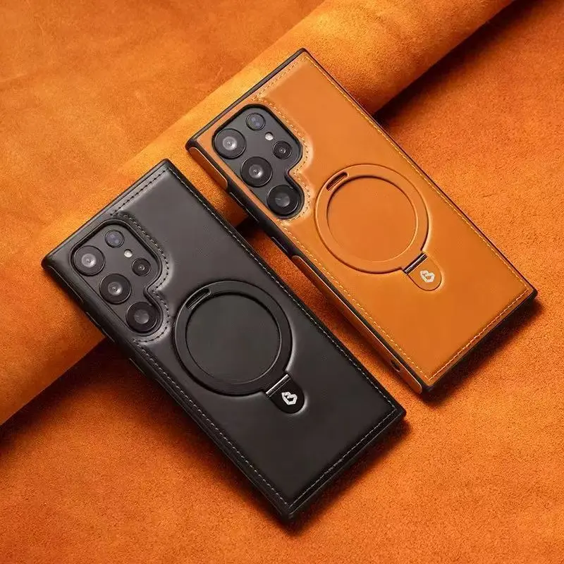 适用三星S25Ultra磁吸支架手机壳高档商务皮套S24Plus防摔保护套