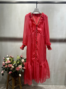琳烺红标了然2026春夏v领玫红色真丝提花长袖宽松气质连衣裙