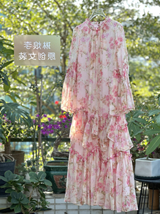 (甜美）琳烺红标了然2026春夏桑蚕丝圆领印花粉色宽松荷叶边长裙