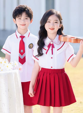 小学生夏季英伦学院风班服红色短袖校服套装幼儿园园服大班毕业服