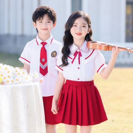 小学生夏季英伦学院风班服红色短袖校服套装幼儿园园服大班毕业服